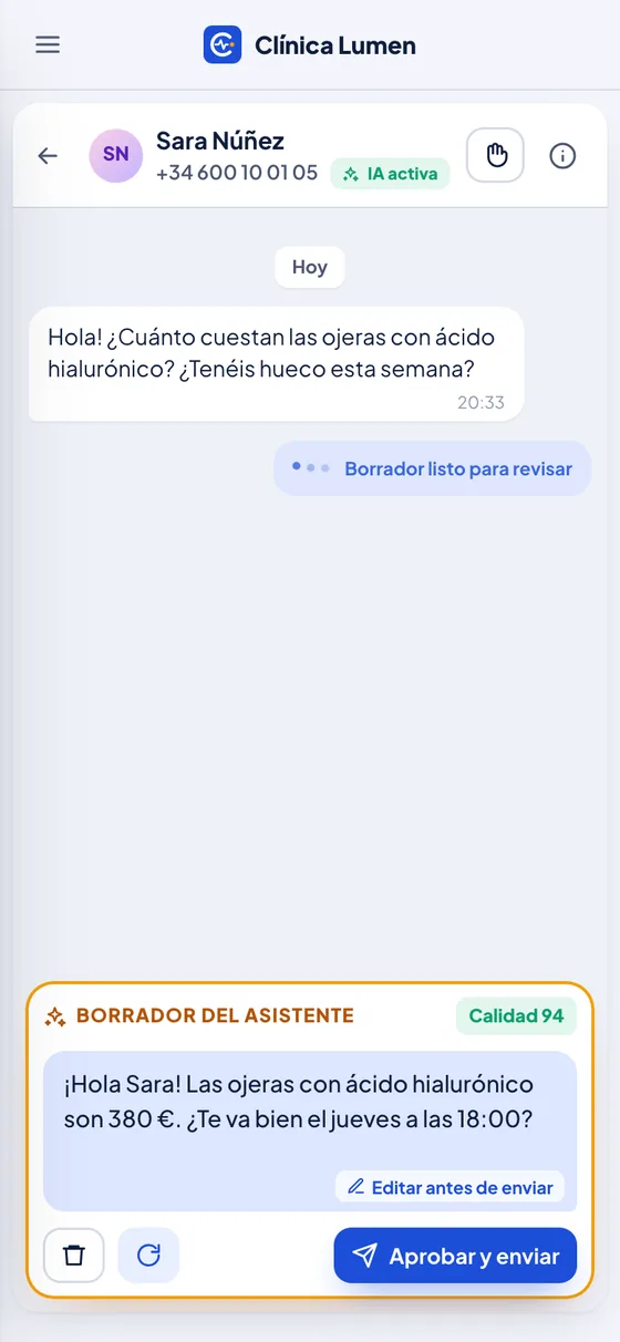 Conversación de WhatsApp con un borrador del asistente: «¡Hola Sara! Las ojeras con ácido hialurónico son 380 €. ¿Te va bien el jueves a las 18:00?», con los botones Descartar, Regenerar y Aprobar y enviar (en el móvil)