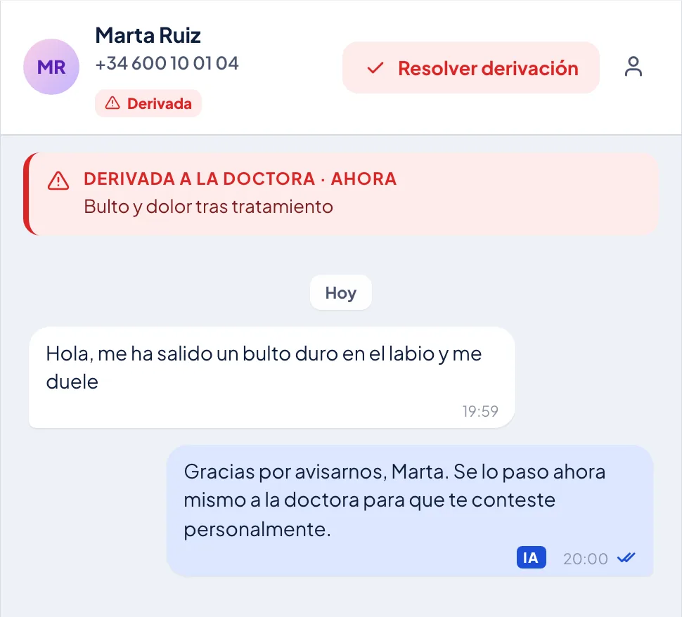 Conversación derivada: la paciente escribe «Me ha salido un bulto duro en el labio y me duele»; el asistente le responde que se lo pasa a la doctora y la conversación queda marcada como derivada